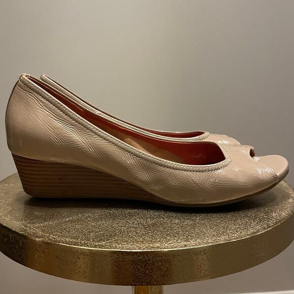 Cole Haan Shoes - Cole Haan Open Toe Wedge Patent Leather Dress Shoes | 8.5 Nude Neutral Peep $178